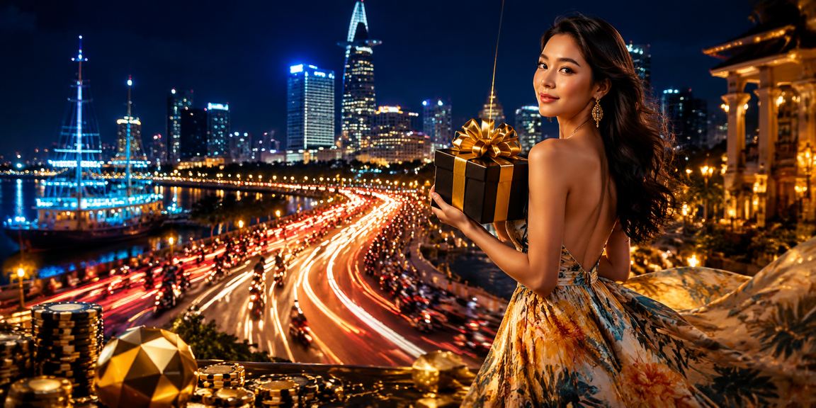 Khung cảnh giải trí trực tuyến Việt Nam với bảng cược và ánh đèn đêm